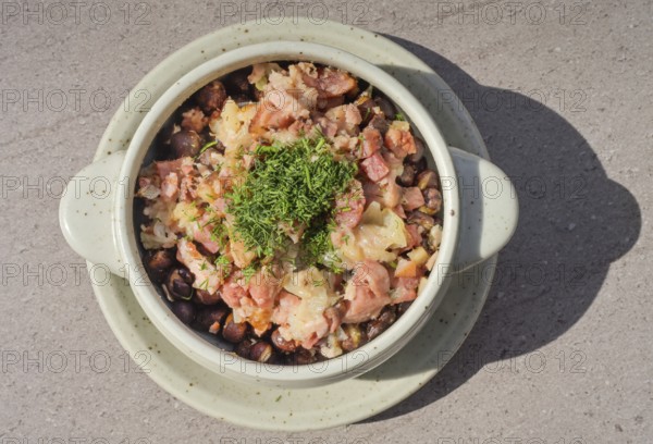 Traditional dish, gray peas with bacon, pelekie zirni, Latvia