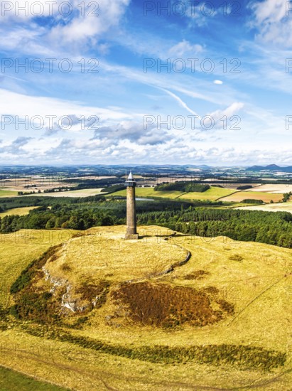 Waterloo Monument over Scottish fields and farms from a drone, Jedburgh, Scotland, UK