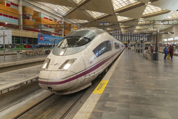 Renfe Class 103 high-speed train, AVE Alta Velocidad Española service, Zaragoza-Delicias railway station, Zaragoza, Spain