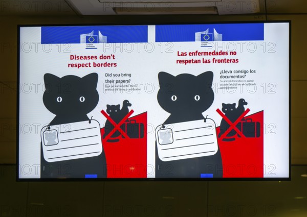 European Union sign about pet certification control at EU borders, Barcelona airport, Spain