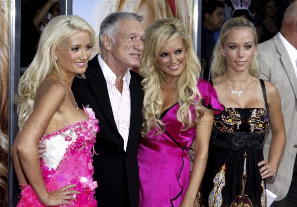 Hugh Hefner, Holly Madison, Bridget Marquardt and Kendra Wilkinson at the Los Angeles premiere of 'House Bunny' held at the Mann Village Theatre in Westwood, USA on August 20, 2008, Los Angeles, CA, USA, Los Angeles, California, USA