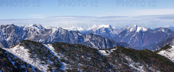 Autumn atmosphere, snow on mountain peaks, Eisenerzer Alps, panoramic picture, Styria, Austria