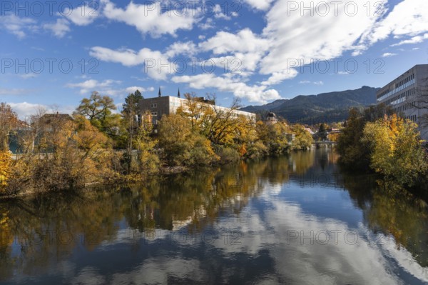 New town hall of the city of Leoben on the river Mur, autumn foliage, Leoben, Styria, Austria