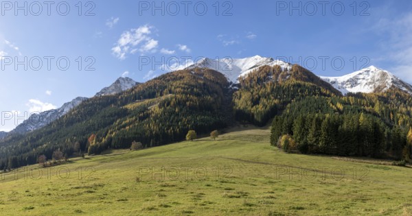 Snow on mountain peaks, autumn leaves, Eisenerzer Alps, panoramic view, near Vordernberg, Styria, Austria