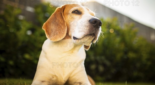 Beagle enjoying the sun in a bright garden, Graz, Austria