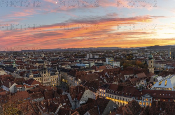 Sunset over the old town of Graz, view from Schlossberg, panoramic picture, Graz, Styria, Austria