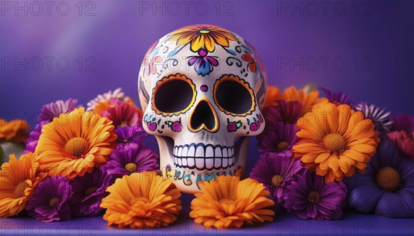 A vibrant sugar skull adorned with floral designs, surrounded by orange and purple flowers against a purple background. This image captures the essence of Día de Muertos celebrations, AI generated