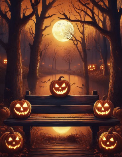 Park bench with five illuminated carved pumpkins under a bright full moon in a dark forest, capturing the spooky Halloween atmosphere, AI generated