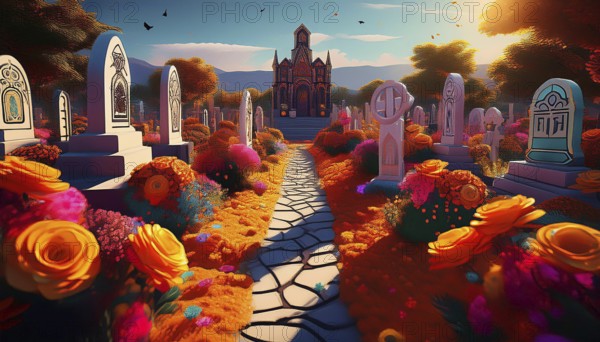 Vibrant cemetery filled with colorful flowers and ornate gravestones, leading to a church. The scene is bathed in warm light, capturing the spirit of Día de Muertos, AI generated