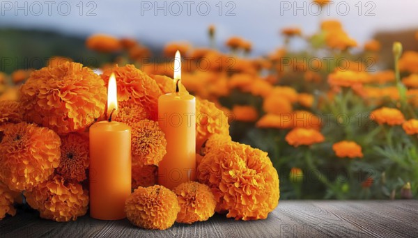 Two lit candles surrounded by vibrant marigolds, set on a wooden surface, creating a serene atmosphere for Day of the Dead remembrance, AI generated