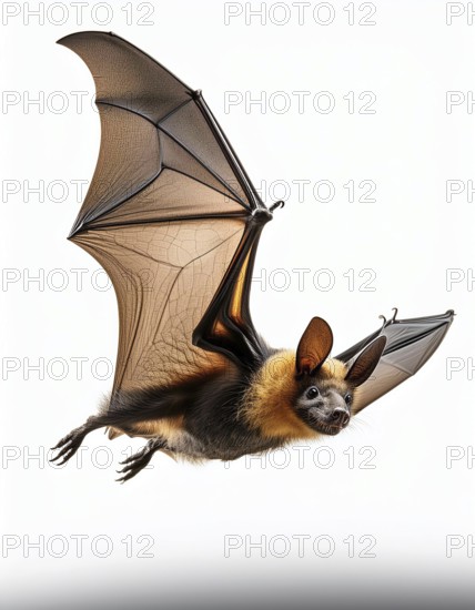 Detailed image of a bat in mid-flight with outstretched wings, captured against a white background, highlighting its textured wings and furry body, AI generated
