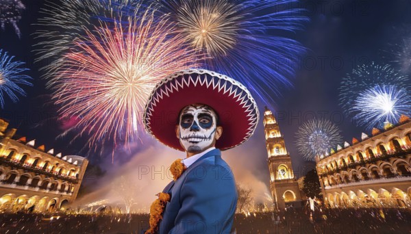 A man adorned with Día de Muertos face paint and a traditional sombrero stands in a historic plaza, surrounded by a spectacular fireworks display, capturing the cultural richness and festive atmosphere of this Mexican celebration, AI generated