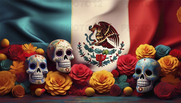 Vibrantly painted skulls and colorful floral decorations placed in front of the Mexican flag, symbolizing the Day of the Dead celebration and Mexican cultural heritage, AI generated