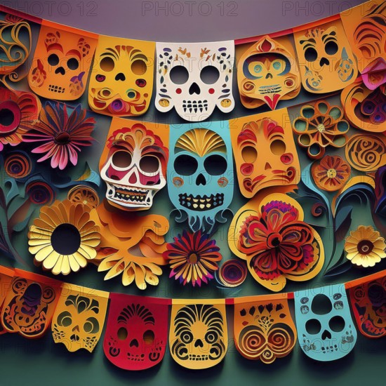 A close-up of vibrant papel picado and intricately designed skull decorations, showcasing the artistic elements of Día de Muertos. The colorful array of paper art reflects the festive spirit and rich cultural heritage of this traditional Mexican holiday, AI generated