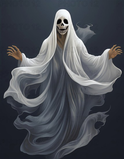 Grim reaper with a skeletal face and outstretched hands, cloaked in flowing white robes against a dark background, creating a haunting and eerie Halloween image, AI generated