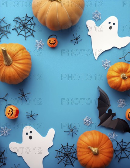 Halloween-themed flat lay featuring pumpkins, paper ghosts, spiders, bat cutout, and spider webs on a vibrant blue background, creating a festive and playful atmosphere, AI generated
