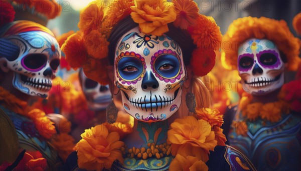 Neon sign, sugar skull, day of the dead, dia de los muertos, neon, brick wall, skull, illuminated, modern art, Mexican tradition, celebration, vibrant colors, festival, night, glowing, skull art, signage, cultural, holiday, Mexican culture, lighting, street art, wall decor, festival decor, artistic, Halloween, death symbolism, urban art, skull design, bright, colorful, neon lights, mural, remembrance, modern, tradition, heritage, glowing skull, cultural celebration, skull decoration, AI generated