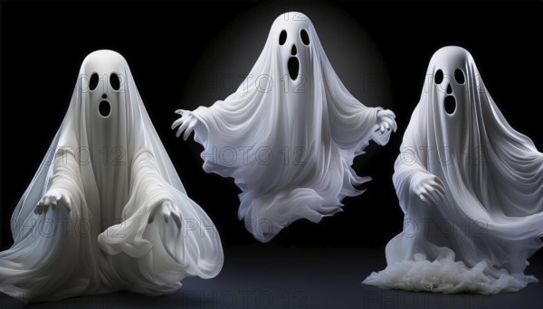 Trio of ghost figures draped in flowing white sheets, with expressive faces, floating against a dark background, creating a spooky Halloween scene, AI generated