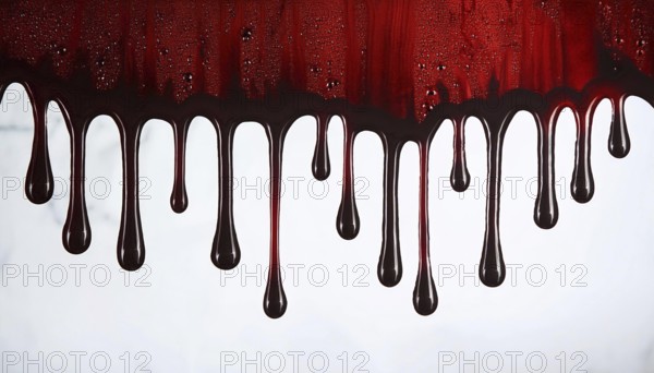 Close-up of dark red liquid dripping down on a white surface, creating a dramatic and eerie effect, perfect for Halloween or horror-themed concepts, AI generated