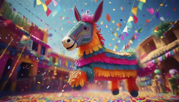 A colorful donkey piñata in mid-air surrounded by festive decorations and confetti, set against a lively street backdrop during a traditional celebration, AI generated