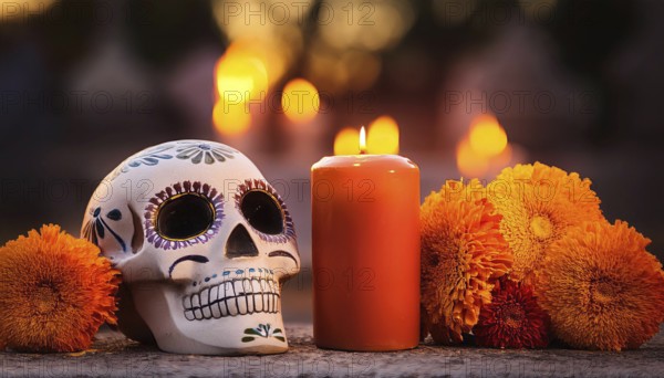 A beautifully decorated Día de Muertos sugar skull is placed beside a burning candle and vibrant marigolds, creating a serene and symbolic tribute to loved ones during this traditional Mexican celebration, AI generated