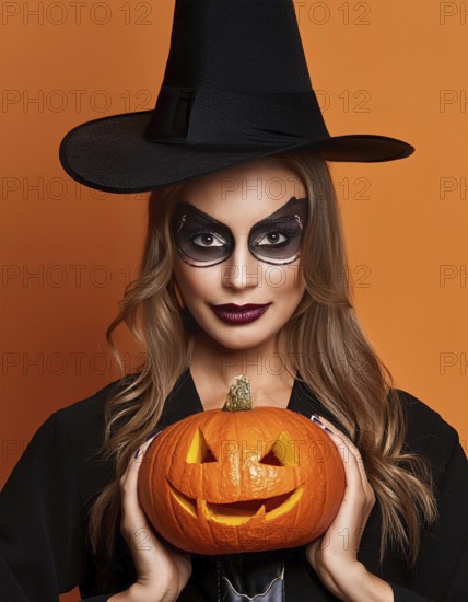 A woman dressed as a witch, with dark makeup and a black hat, holds a carved pumpkin while standing against an orange background, embodying the Halloween spirit, AI generated