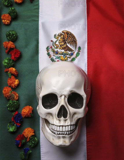 A skull placed on the Mexican flag, accompanied by a colorful marigold garland, symbolizing the Day of the Dead and reflecting Mexican cultural heritage, AI generated