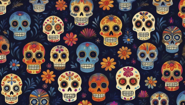 Vibrant pattern of colorful sugar skulls and flowers on a dark background, symbolizing the Dia de Muertos celebration, AI generated