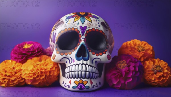 A beautifully decorated sugar skull surrounded by vibrant marigold and purple flowers, set against a purple background. This image captures the essence of Día de Muertos, AI generated