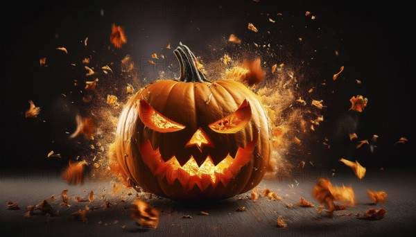 A menacing glowing jack-o'-lantern surrounded by flying autumn leaves creates a fiery and spooky Halloween scene against a dark backdrop, AI generated