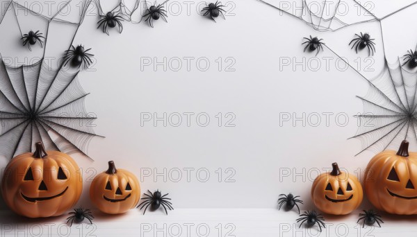 Carved jack-o'-lanterns are surrounded by black spider webs and plastic spiders against a clean white background. The minimalist design creates a playful Halloween scene, AI generated
