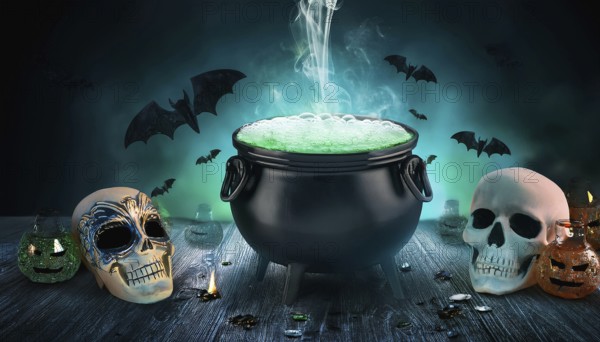A bubbling cauldron emits green smoke, surrounded by skulls and bats in a spooky Halloween setup. The eerie scene is completed with glowing potions and dark, atmospheric lighting, AI generated