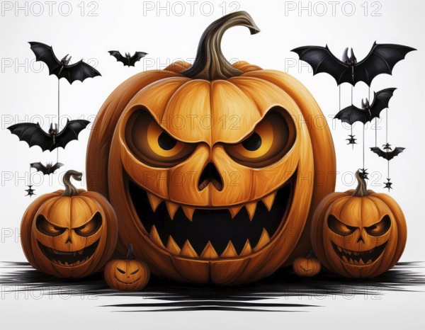 Large jack-o-lanterns with menacing faces surrounded by flying bats create a spooky Halloween scene. The eerie pumpkins and bats make this a perfect decoration for Halloween festivities, AI generated