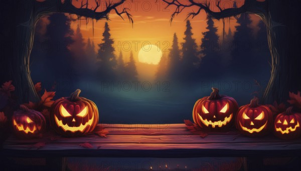 Halloween scene featuring glowing jack-o'-lanterns on a wooden bench, framed by trees in a spooky forest at sunset. The warm colors create a mysterious and eerie atmosphere, AI generated