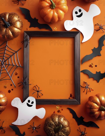 A Halloween-themed frame surrounded by pumpkins, ghost cutouts, bats, spiders, and a spiderweb on a vibrant orange background. Ideal for festive holiday designs, AI generated