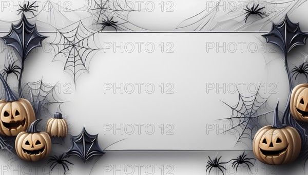 A clean white Halloween banner featuring smiling jack-o'-lanterns, black spiders, and webs, creating a festive yet spooky design perfect for seasonal celebrations, AI generated