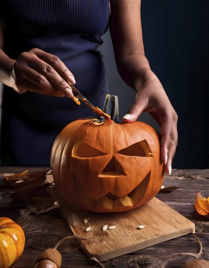 A close-up of a person carving a spooky jack-o'-lantern on a wooden board, preparing for Halloween, with pumpkin seeds scattered around, AI generated
