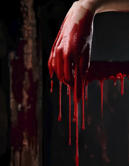 Close-up of a hand covered in red liquid, dripping against a dark background. The eerie lighting and intense red color evoke a Halloween or horror theme, adding a dramatic effect, AI generated