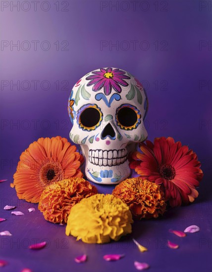 A vibrant sugar skull adorned with floral designs, surrounded by marigolds and gerbera daisies against a purple background. This image embodies the festive spirit of Día de Muertos, AI generated