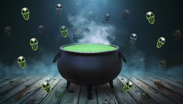 A large black cauldron filled with a glowing green potion surrounded by eerie floating skulls. The spooky Halloween-themed scene is set on wooden flooring with mist, AI generated