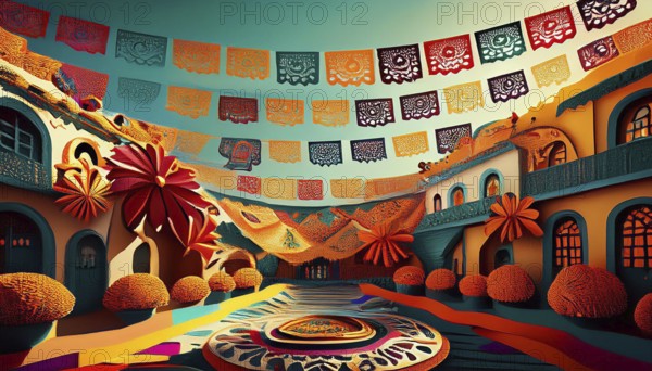 A colorful Mexican courtyard decorated with vibrant papel picado banners and marigold flowers, capturing the festive spirit of Día de Muertos, AI generated