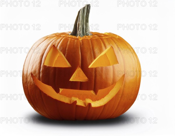 A bright orange Halloween pumpkin carved with a spooky smiling face, displayed against a plain white background, perfect for seasonal decoration, AI generated