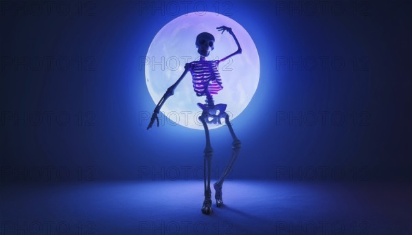 A skeleton stands in a dramatic pose with glowing bones, illuminated by a full moon. The scene, bathed in eerie blue light, creates a spooky and mysterious Halloween atmosphere, AI generated