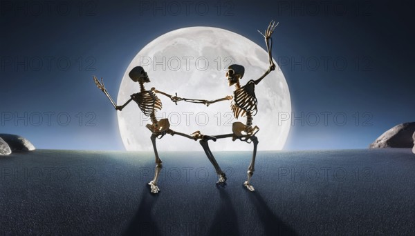 Two skeletons dance under a bright full moon, casting long shadows on the ground, creating a spooky Halloween scene, AI generated