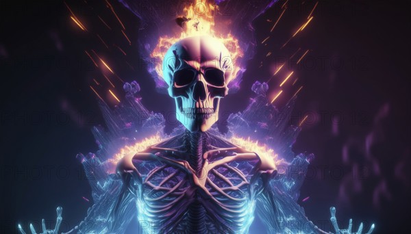 A glowing skeleton with a fiery skull radiates vibrant colors in a dark Halloween scene. The flames and lighting create a dramatic and spooky atmosphere, perfect for a horror theme, AI generated