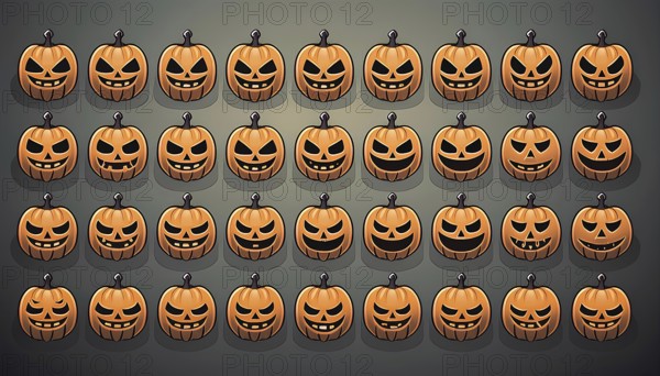 A seamless pattern of jack-o'-lantern faces showing various spooky and mischievous expressions. Perfect for Halloween designs, decorations, or backgrounds, AI generated