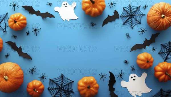 Halloween flat lay with pumpkins, ghost cutouts, bats, spiders, and spiderwebs on a bright blue background. Perfect for festive and spooky holiday designs, AI generated