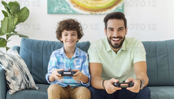 A man and a boy are playing a video game together on a couch. The boy is smiling and the man is also smiling. Scene is happy and fun, AI generated
