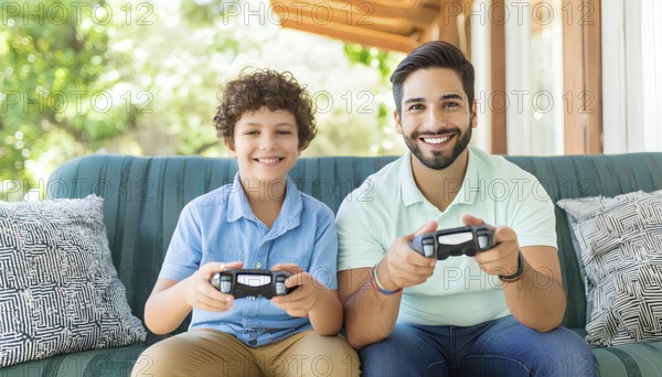 A man and a boy are playing a video game together on a couch. The boy is smiling and the man is also smiling, AI generated