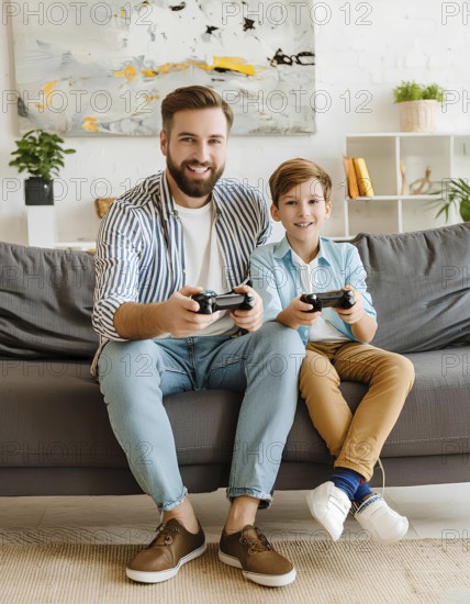 A man and a boy are sitting on a couch playing video games. The man is smiling and the boy is holding a controller, AI generated